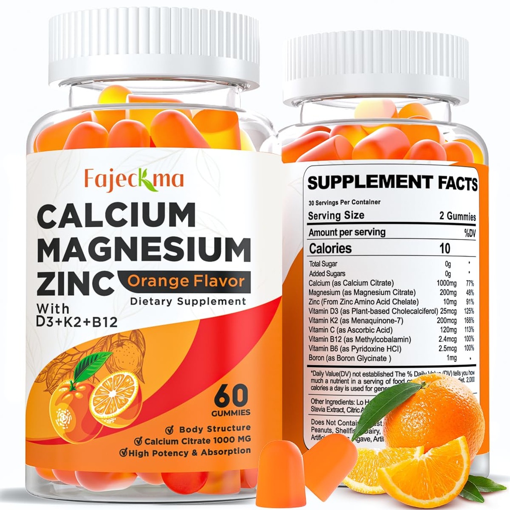 Calcium Magnesium Zinc Gummies for Adult: 5 Cups of Milk’s Nutrients Packed Into 2 Gummies - Extra Strength 1000mg Calcium Citrate with Vitamin D3 K2 B6 B12 - Vegan Sugar Free for Adult 40+ (120Count