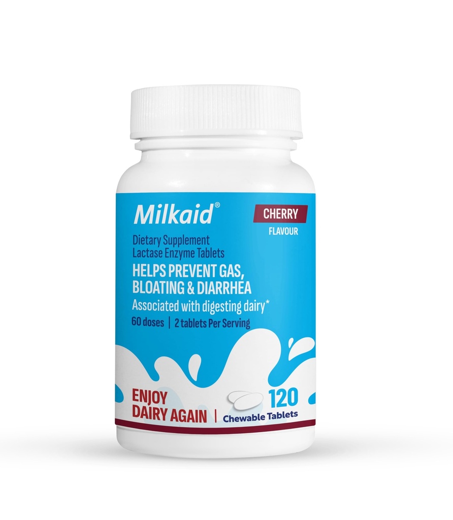 Milkaid Lactase Enzyme Chewable Tablets for Lactose Intolerance Relief | Prevents Gas, Bloating & Diarrhea | Fast Acting Dairy Digestive Supplement (120 Tablets, Cherry)