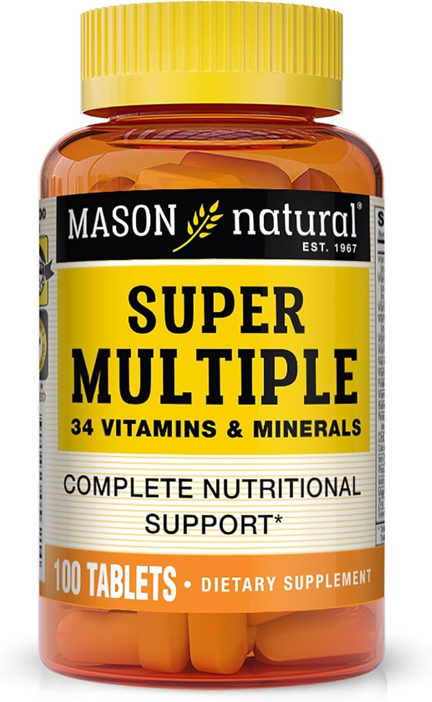 MASON NATURAL Super Multiple 34 Vitaminas e minerais - Soporte nutricional completo, Todo nun multivitamínico, soporta a saúde global, 100 tabletas
