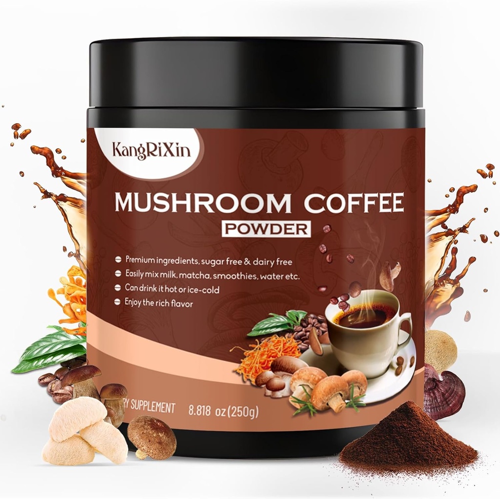 Mushroom Coffee Powder - Mushroom Powder Supplement with Lion's Mane, Hericium Erinaceus, Ganoderma Lucidum, Cordyceps Militaris, Shiitake | Mushroom Instant Coffee | 50 Servings