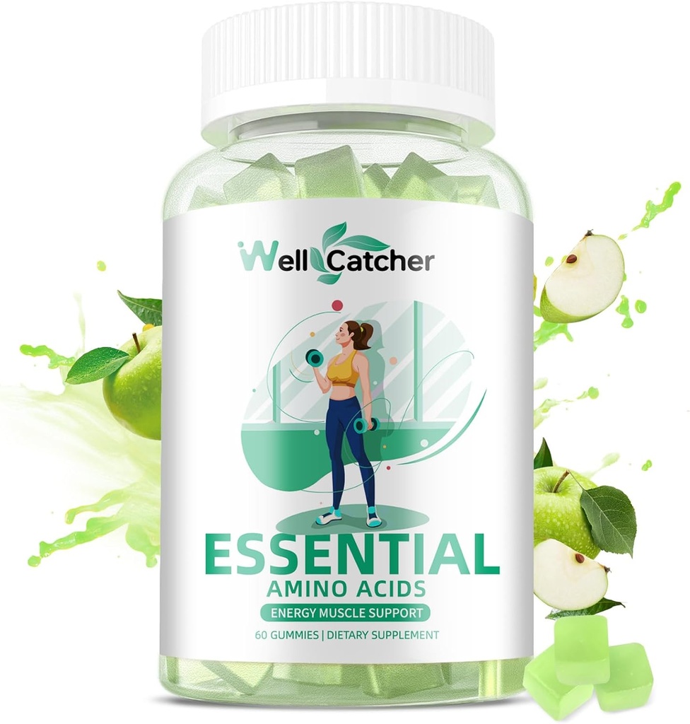 EAA Gummies Acides aminés essentiels - Tous les 9 Aminos essentiels et tous les Aminos à chaîne ramifiée (BCAAs) avec récupération des muscles, soutien énergétique sans sucre vert pomme saveur 30 portions