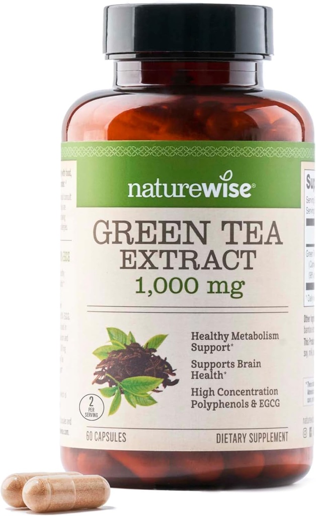 NatureWise Green Tea Extract капсули 1000 mg - 50% EGCG & 98% Полифеноли - Extra Strength Green Tea Хапчета - Антиоксиданти за Heart Health & Energy - Веган, Non-GMO - 60 Count[30-Day Supply]