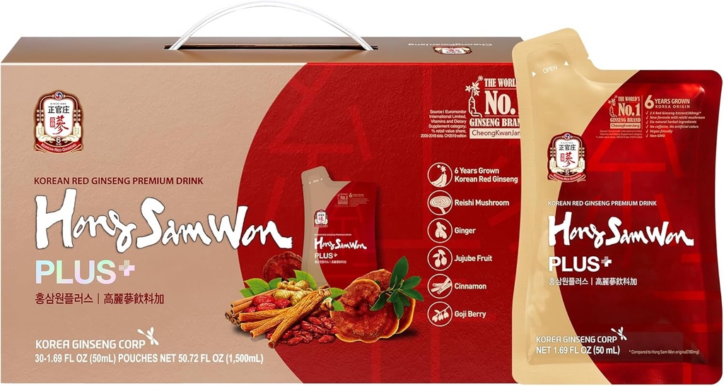 HongSamWon Plus Korean Red Ginseng Premium Drink 124; Energy Drink, Pre Workout, Bylinný čaj 124; Korean Red Ginseng Extract 360mg, Reishi Houba, Ginger, Skořice, Gojiberry 124; Vegan Friendly Ginseng Extract 124; 30 Count