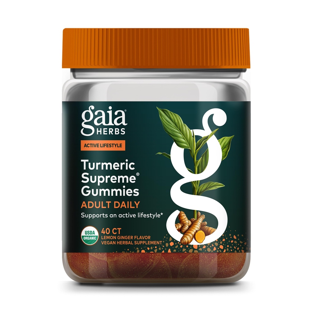 Gaia Herbs Turmeric Supreme Adult Daily - Daily Support for Healthy, Active Lifestyle* - USDA Certified Organic Blend of Turmeric & Supportive Herbs - 40 Vegan Gummies (20 Servings)