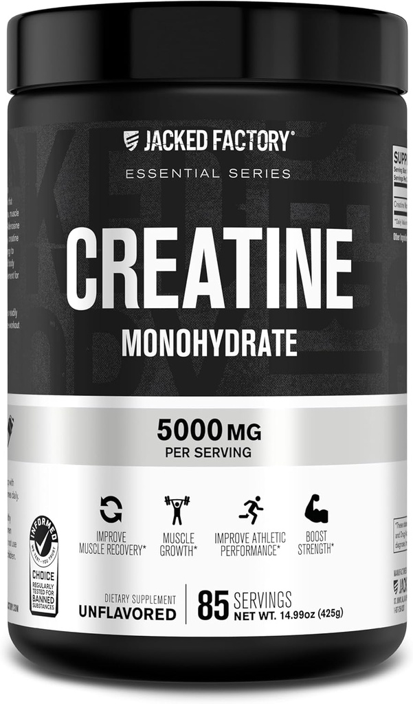 Jacked Factory Creatine Monohydrate Powder 425g - 5g Daily Creatine Represident for Men and Women, Vegan-Friendly, 第三方测试 - 85 services, Unfloods