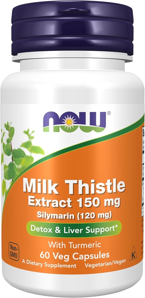 NOW Integratori alimentari, Silymarin Milk Thistle Extract 150 mg con curcuma, Supporta la funzione del fegato*, 60 capsule di veg