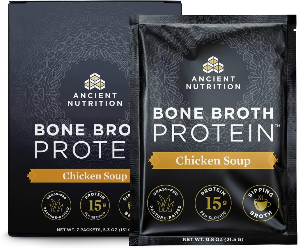 Knochen Broth Protein Pulver von Antike Ernährung, Hühnersuppe-Packets, Grass-Fed Chicken und Rindfleisch Knochen Broth Powder, 15g Protein Per Servieren, Unterstützt ein gesundes Gut, 7 Ct