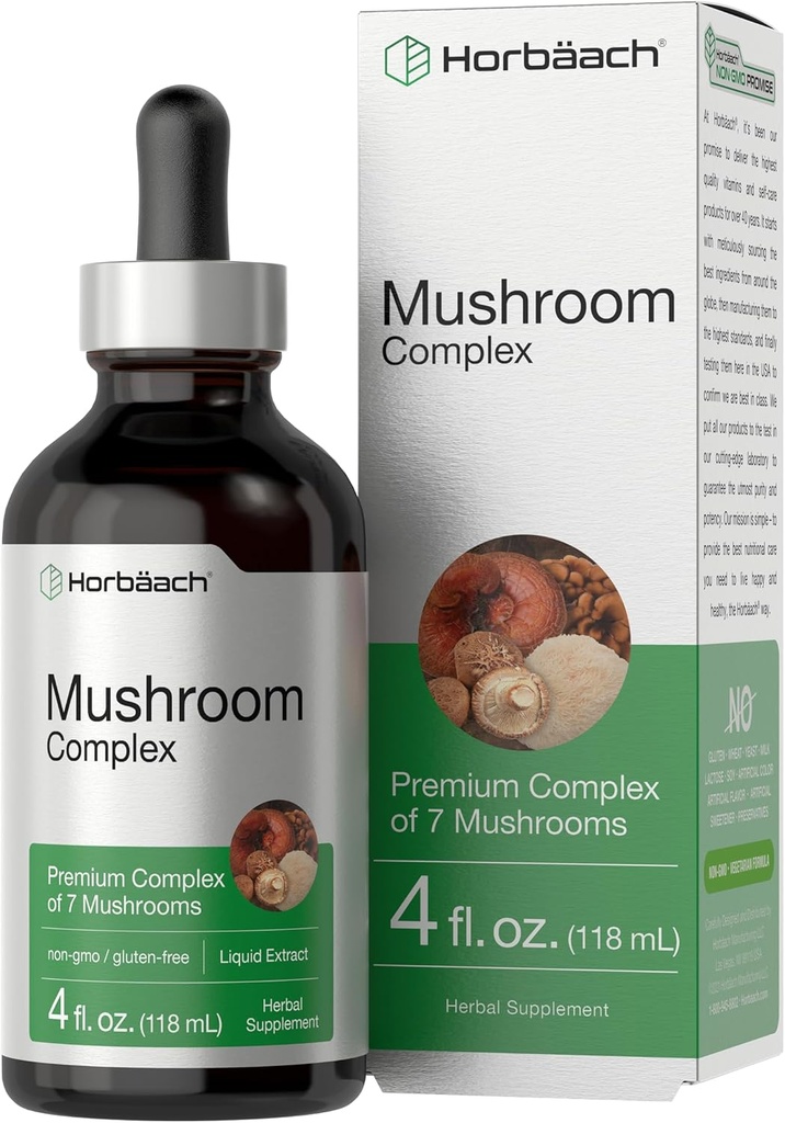 Horbäach Sēņu komplekss 4 Fl Oz Herbal Liquid Drops י Lion's Mane, Reishi, Shiitake, Chaga, Cordyceps, Maitake, un austeru Sēņu Papildinājums Blend - Veģetārietis, Bezglutēna formula