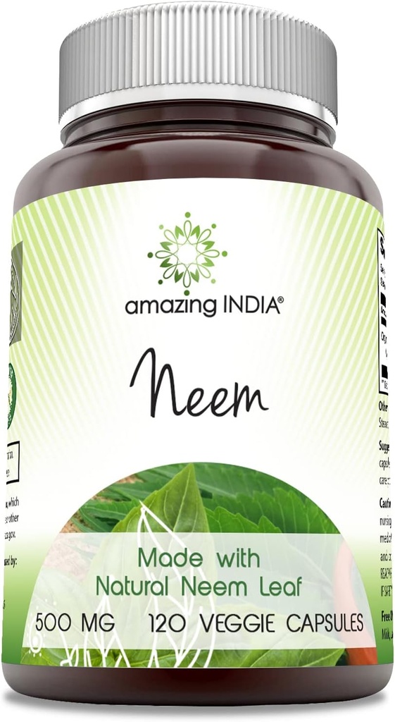 Amazing India Neem (Made with Natural Neem Leaf) Supplement | 500 Mg | 120 Veggie Capsules | Non-GMO | Gluten-Free | Made in USA