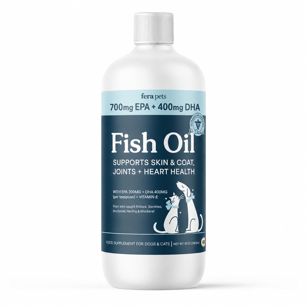 Fera Pets Liquid Fish Oil - Non GMO Omega 3 for Dogs & Cats, 16 oz | Non-GMO Omega 3 Fish Oil for Dogs & Cats with Vitamin E that Supports Joint, Heart, Skin & Coat Health