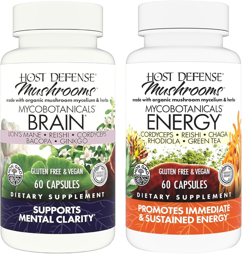 Host Defense Bundle with MycoBotanicals Brain* Capsules, 60 Count & MycoBotanicals Energy* Capsules, 60 Count - Memoria de soporte e foco - Apoio á enerxía sostida