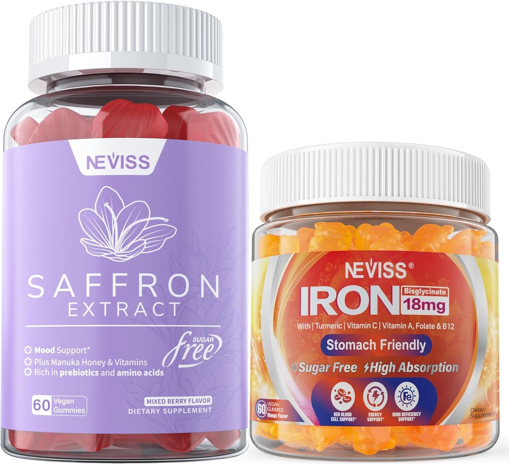 1Pack Saffron Supplement Gummys 100% Pure Saffron 提取全草药 Gummys + 2P Vegan 铁药 Gummys 配有维生素C, B12, Folate & Turmeric 的补品