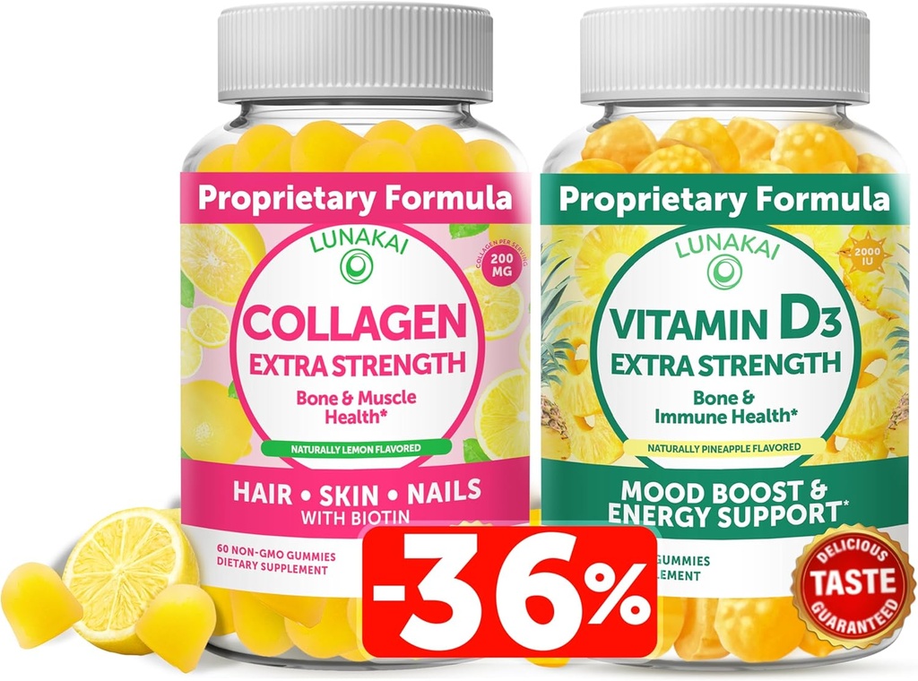 Lunakai Collagen und Vitamin D3 Gummie Bundle - Non-GMO Anti Aging Ergänzungen für Männer und Frauen - Immunität, Knochen und Stimmung Unterstützung Gummy für Erwachsene - 30 Tage Versorgung