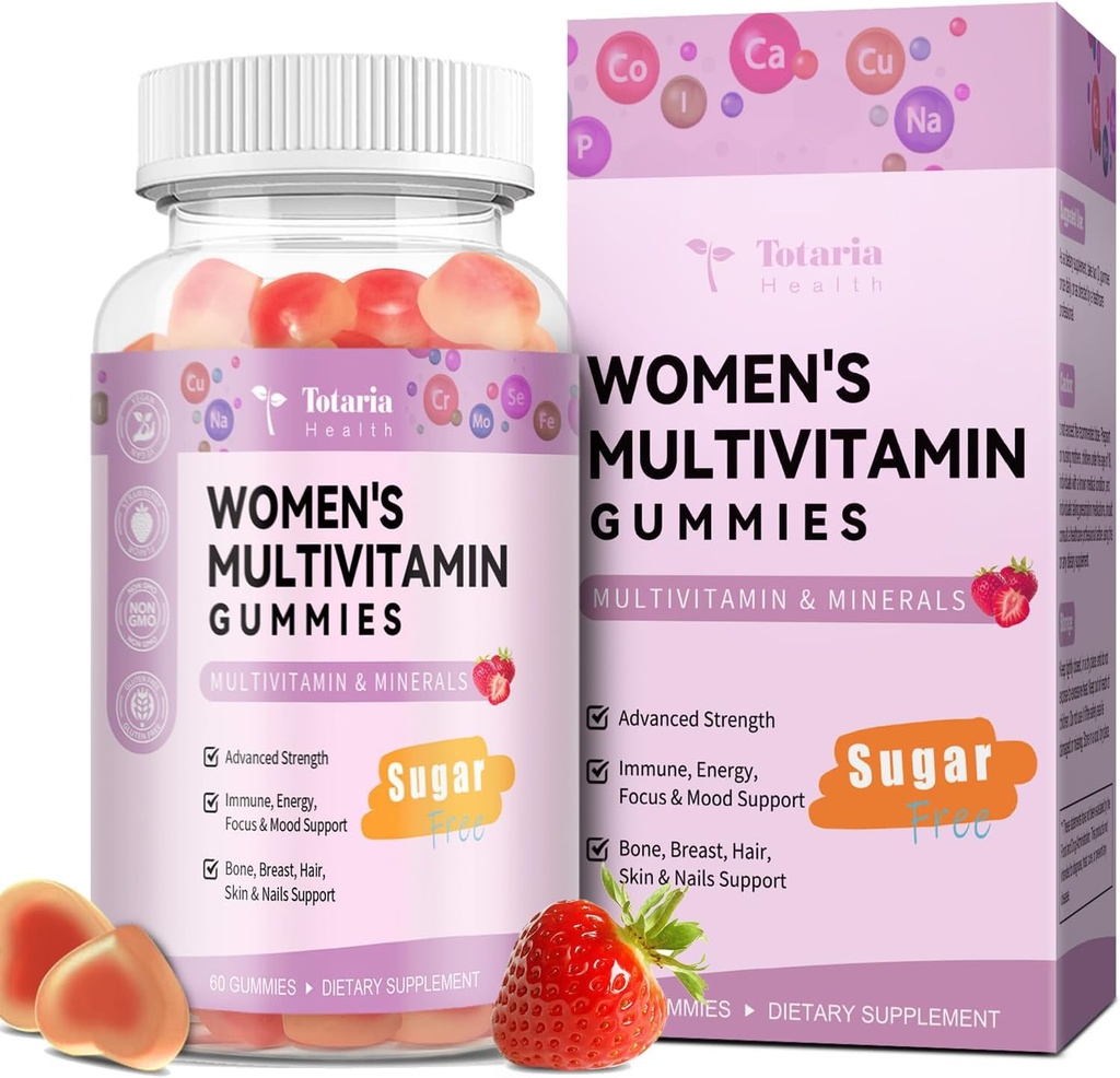 Totaria Pastilhas multivitamínicas gratuitas para mulheres 14+ w/Iron, Inositol, Folato, Biotina, Gummy Multivitamínico diário das mulheres w/Vitamina A, C, B, D3, K2, para o cabelo, Pele, Energia, Imune, Strawberry Flavor