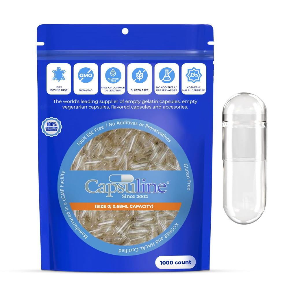 Capsulina Tamanho 0 Cápsulas de Gelatina Vazias, Clear - 1000 Contagem Grátis Glúten, Kosher, Não-GMO Certified Pill Caps Pure Bovine para enchimento de suplementos DIY
