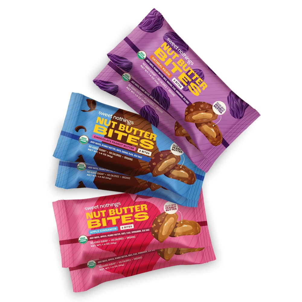 Sweet Nothings, Variety Pack: Chocolate, Apple Cinnamon och Oatmeal Raisin, USDA Organic Nut Butter Bites Protein 6-2 Bite Value Packs (2 av varje smak) - No Added Sugar