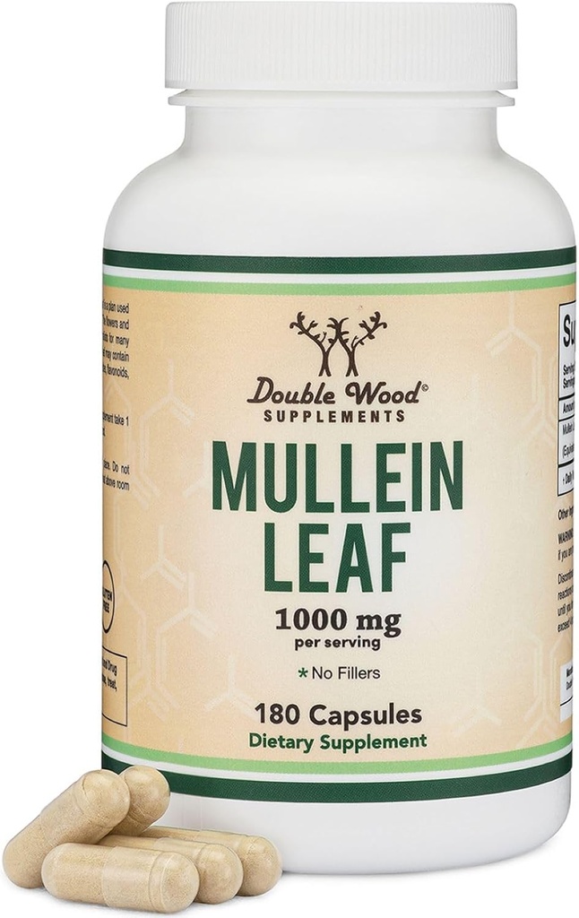 Dubbelträtillskott Mullein Leaf Capsules 10 000 mg Styrka, 180 Vegan kapslar med inga fillers, stödjer Lung & Respiratory Health