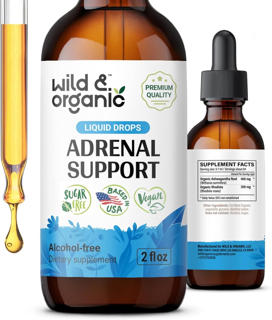 Wild & Organic Assistance Support Tincture for positive Outlook - Zespół nadnerczy z Ashwagandha, Rhodiola Rosea Root - 1- Month Supply - Vegan, No Sugar & Alcohol - 2 fl oz