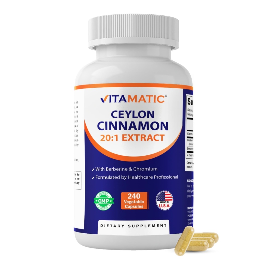 Vitamatic Ceylon Cinnamon & Berberine with Chromium – Plant-Based Botanical Extract – Vegetable Capsules – Non-GMO, Gluten-Free – Concentrated Herbal Supplement – 240 Capsules