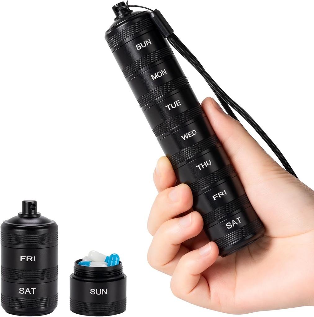 Portable Metal Weekly Pill Organizer - Scatola impermeabile del pedaggio, Piccolo contenitore compatto della lega di alluminio della settimana di viaggio, supporto dell'organizzatore di medicina quotidiana di 7 giorni per piccole pillole, Nero S