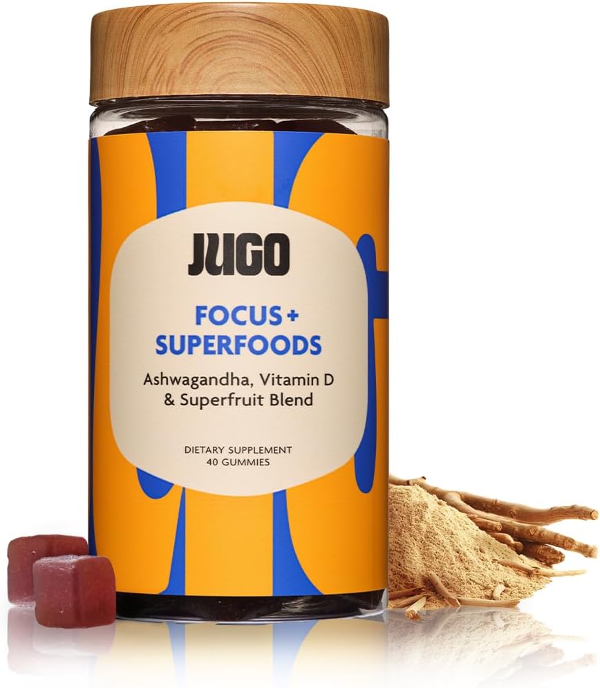 JUGO Focus + SUPERFOODS ® Ashwagandha Gummies med vitamin D3 & Superfrukt blanding ® 40 Count Plant - Basert Adaptogen Gummies ® Gelatinfri, ikke-GMO, laget i USA
