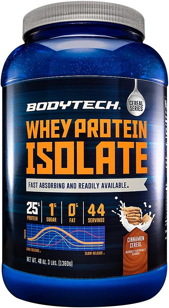BODYTECH Whey Protein Isolate Powder - med 25 Grams Protein per Serving & BCAA: s - Perfekt för Post-Workout Muscle Building & Growth, Innehåller mjölk och soja - Cinnamon Cereal (3 pund)