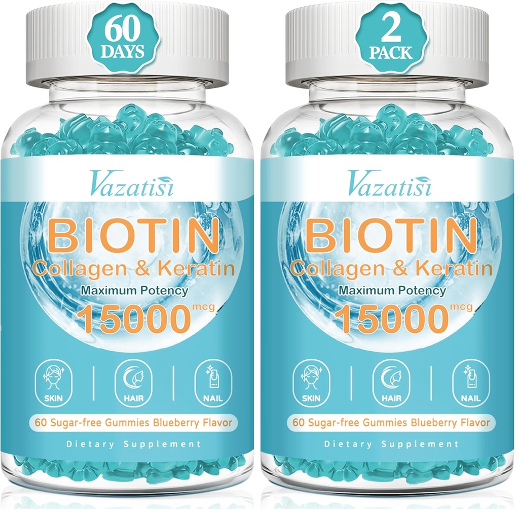 Biotina e gomas de colágeno com B12, Pele de cabelo e unhas Vitaminas Gummies para o crescimento do cabelo, Pele brilhante & unhas fortes - Aroma de mirtilo, Açúcar grátis, 120 Ct