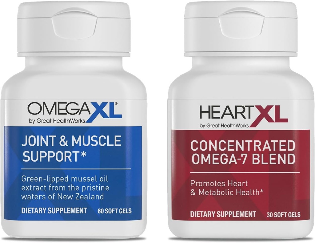 OmegaXL Joint Support Supplement - Natural Muscle Support, Green Lipped Mussel Oil, Soft Gel Pillen, Drug-Free, 60 Telling + HeartXL 30 Telling, High Potency Omega-7 Blend