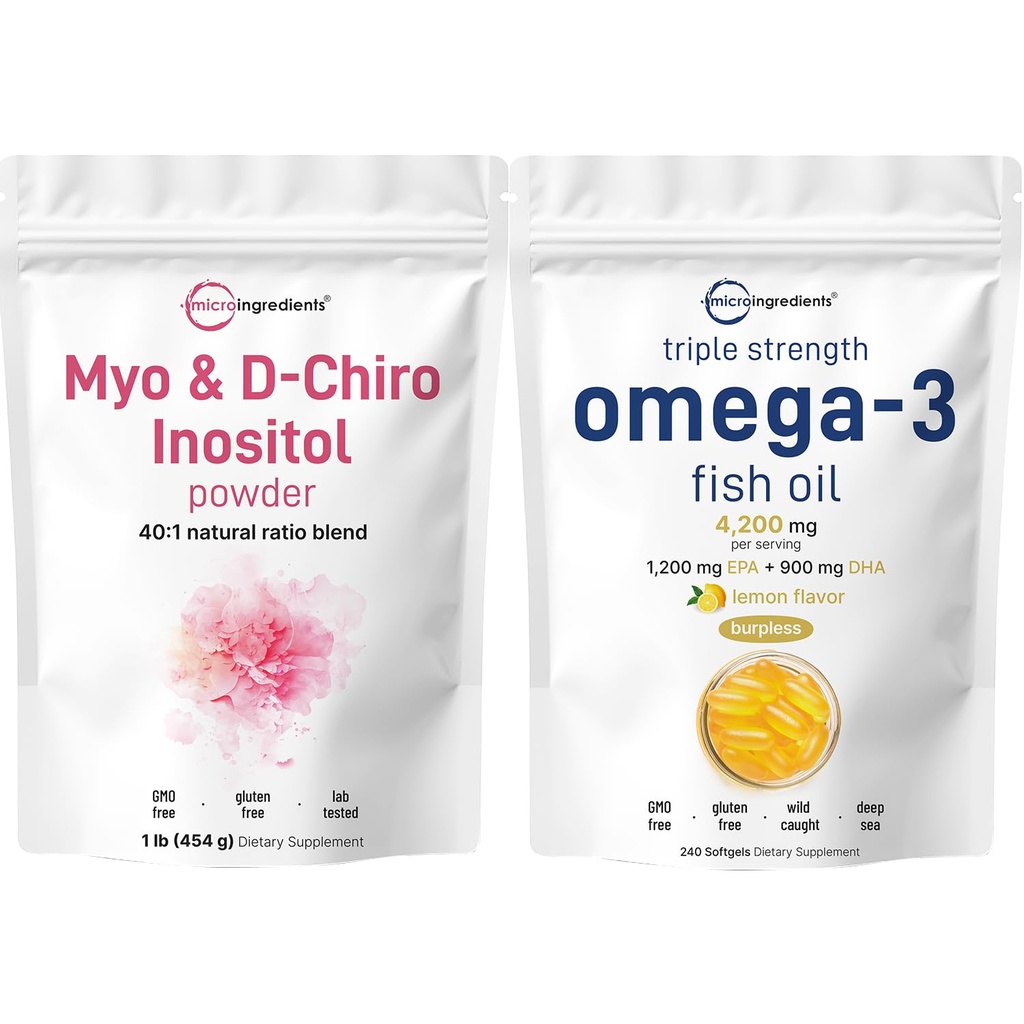 Micro Ingredients Omega-3 Fish Oil 4,200 mg Softgels & Myo & D-Chiro Inositol Powder Bundle 2 Pack | Wild-Caught Fish, Lemon Flavored, Burpless | Inositol Supplement for Women