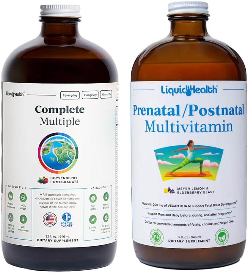 LIQUIDHEALTH Complete Multiple & Prenatal/Postnatal useita nesteitä vitamiineja Bundle - aikuisten päivittäin monivitamiinit miehille ja naisille, immuuni tuki, raskauden vitamiinit äidille ja vauvalle - USA tehty, vegaaninen