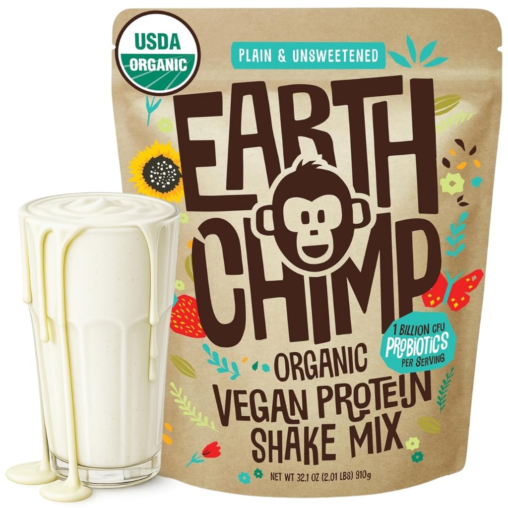 EarthChimp Organic Vegan Protein Powder - with Probiotics - Non GMO, Dairy Free, Non Whey, Plant Based Protein Powder for Women and Men, Gluten Free - 26 Servings 32 Oz (Plain & Unsweetened)