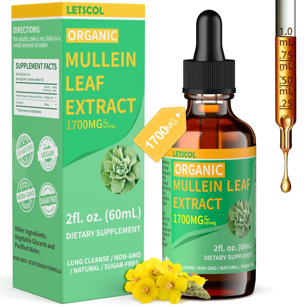 Organic Mullein Drops for Lung Cleanse, Powerful 1700mg Mullein Leaf Extract for Immune & Respiratory Support, Natural Mullein Supplement Tincture Drops Non-GMO & Vegan, 2 Fl Oz