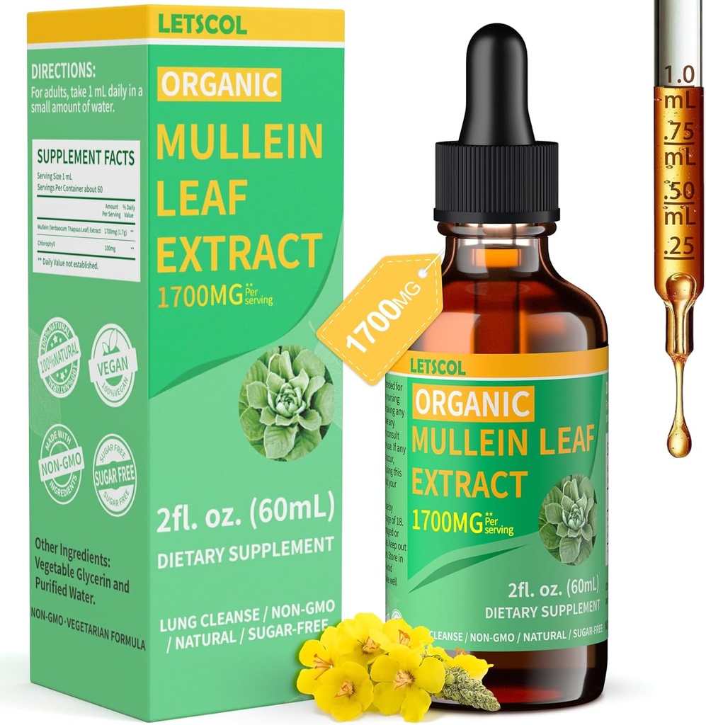 Organic Mullein kapljice za čiščenje pljuč, močan 1700mg Mullein Leaf Extract za imuno in dihalno podporo, naravni mullein dodatek tinkture kapljice ne-GMO & Vegan, 2 Fl Oz
