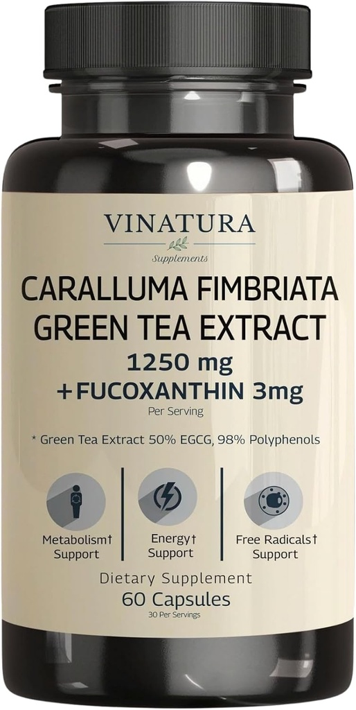 VINATURA Caralluma Fimbriata, EGCG 45% Extract 1250mg + Fucoxanthin 3mg per Serve * USA Made & Tested* per Supporto Immune, Energia e Focus Mentale - 60 Capsule 30 Serve