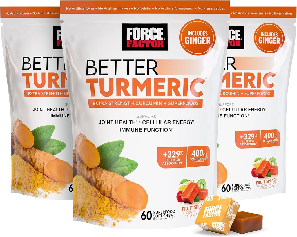 Power Factor Better Turmeric Joint Support for Extra Power Joint Health, כולל HydroCurc Turmeric Curcumin with Black Pepper for Superior Absorption, Fruit Splash, 180 צ'יפס רך