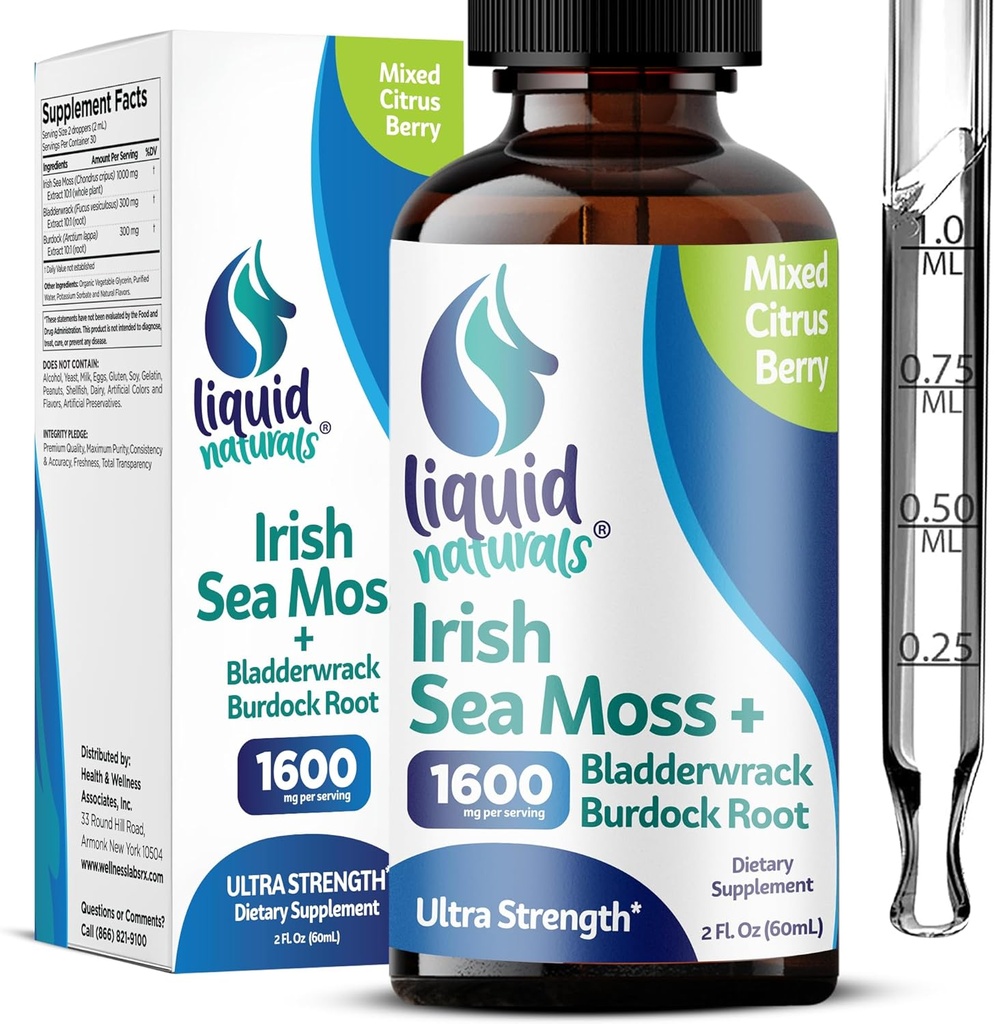Irish Sea Moss Drops - Citrus Berry Flavor - 92+ Essential Minerals & Vitaminer - Energi, Hud, Gut, Recovery - Bladderwrack og Burdock Root - 2 fl oz
