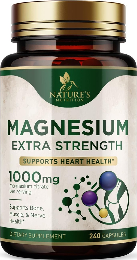 Magnezij Mineral Supplement 1000 mg - Visoka moč Magnezijev citrat za kosti, zdravje srca, živci in mišice podpora, naravni magnezijev kompleks za celotno telo, ustekleničen v ZDA - 240 Kapsule