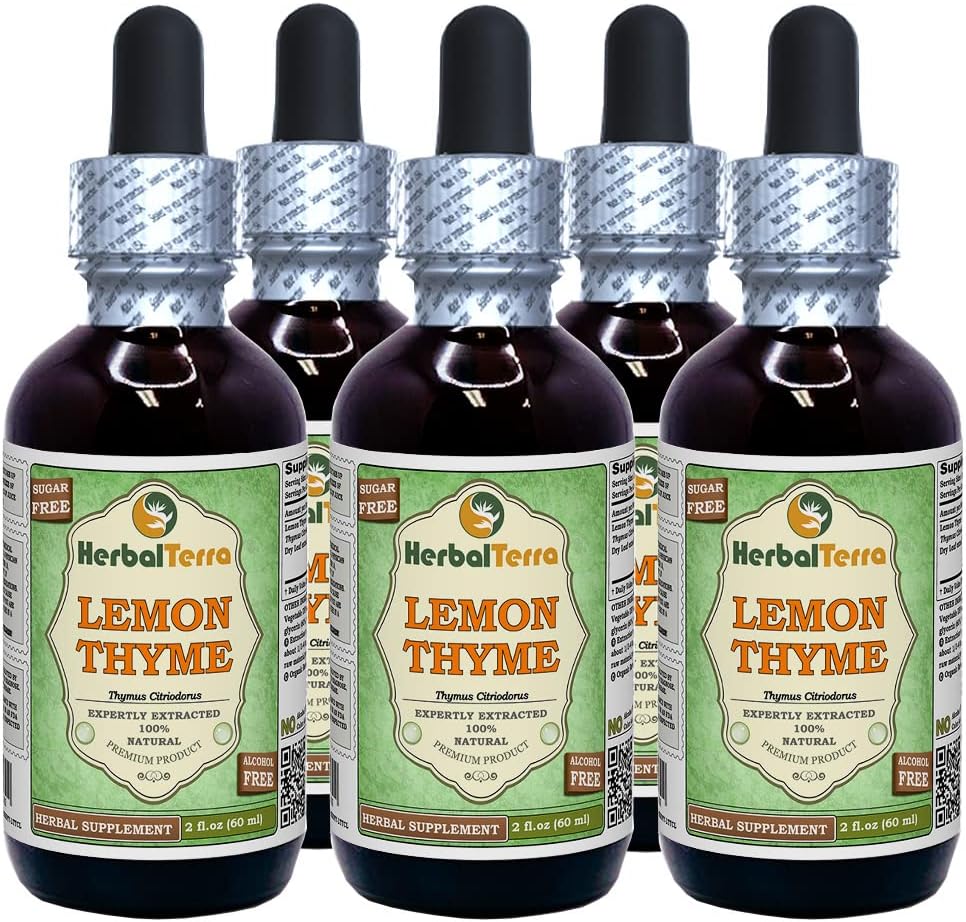 Citronový tymián (Thymus x Citriodorus) Glycerit, organický sušený Herb Alcohol- Free Liquid Extract (Značka: HerbalTerra, Proudly Made in USA) 5x2 fl.oz (5x60 ml)