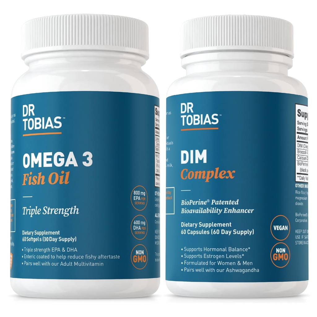 Dr. Tobias Omega 3 Fish Oil and DIM Complex Supplements, Supports Heart, Brain Immune Function and Hormone Balance for Women & Men with BioPerine, Borccoli Extract & Calcium D-Glucarate, 60 Capsules