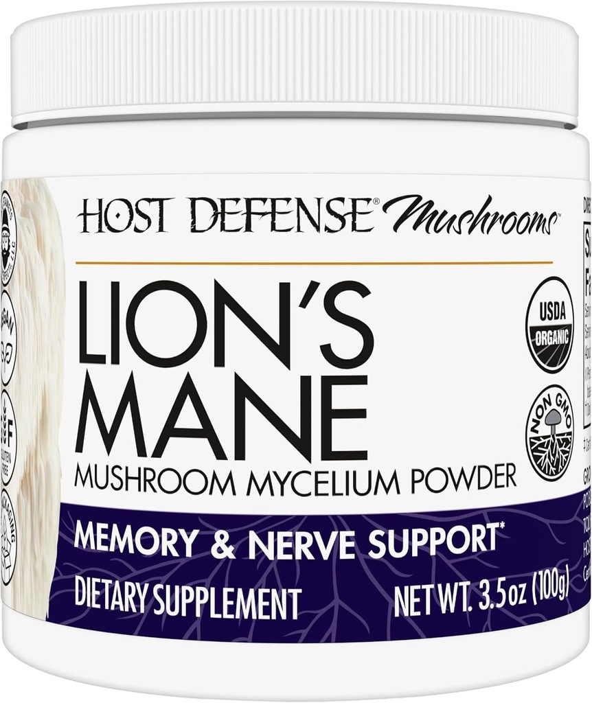 Host Defense Lion's Mane Powder - Brain Health Support Supplement - Pilz-Ergänzung zur Unterstützung Fokus & Speicherfunktion - Immun- & Nervous System Support Supplement - 3.5 oz (66 Servietten)*