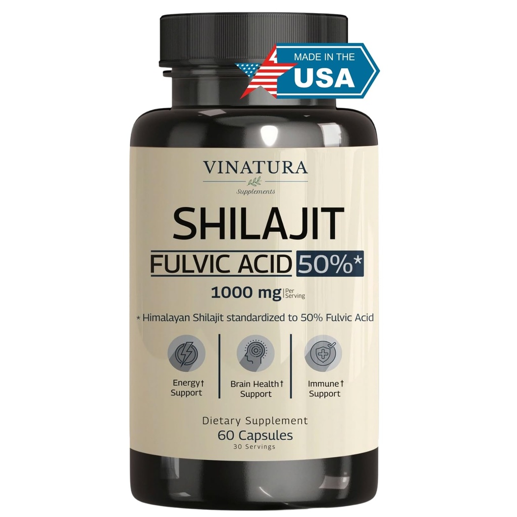VINATURA Shilajit for Men and Women - 1000mg Pure Himalayan Shilajit Capsules, standardized to 50% Fulvic Acid - 60 Capsules