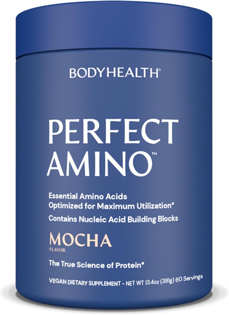 BodyHealth PerfectAmino Powder - BCAA eta EAA Powder Pre and Post Workouterako - Amino Acid Energy Drink for Men and Women to Support Lean Muscle and Recovery - Mocha - 60