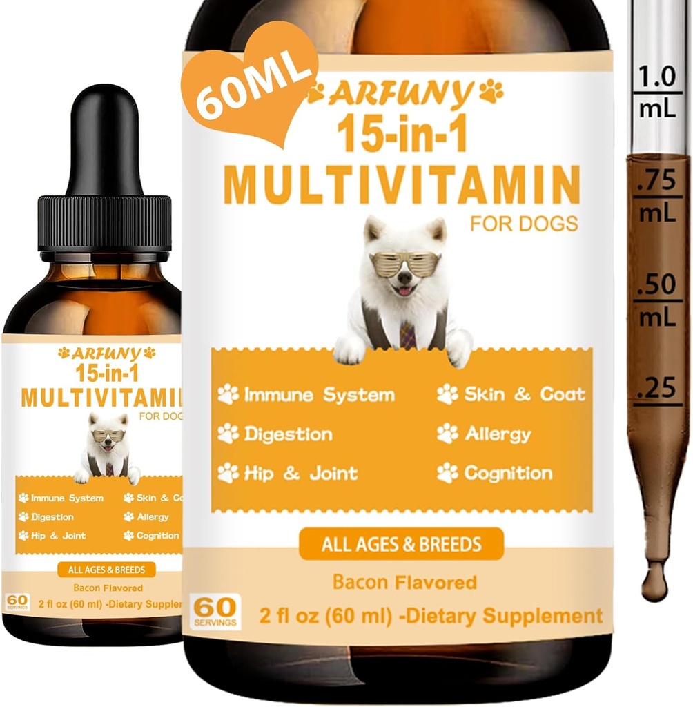 15 din 1 Multivitamine pentru câini - câine Multivitamine Liquid Support Joint, Gut & Immune Health - Digestia canina, inima, Skin & Coat Health - Suplimente vitamine pentru catelus - Aroma de bacon