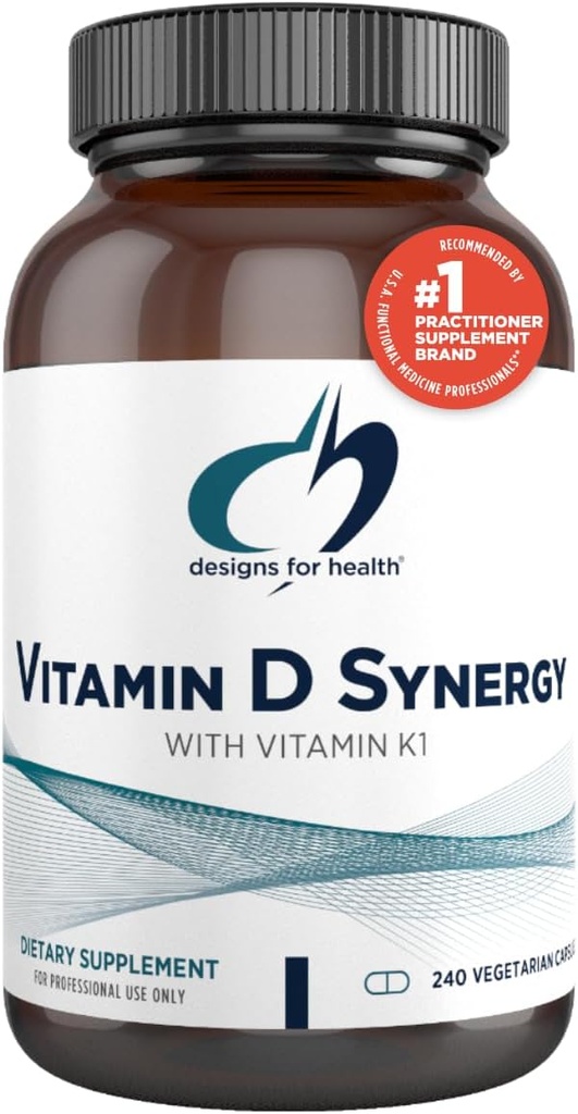 Designs for Health Vitamin D Synergy - 2000 IU Vitamin D med K Supplement - Stöder hälsosamma humör, benhälsa + immunhälsa för vuxna - VIT D3 + Vitamin K - Gluten Free + Non-GMO (240 kapslar)