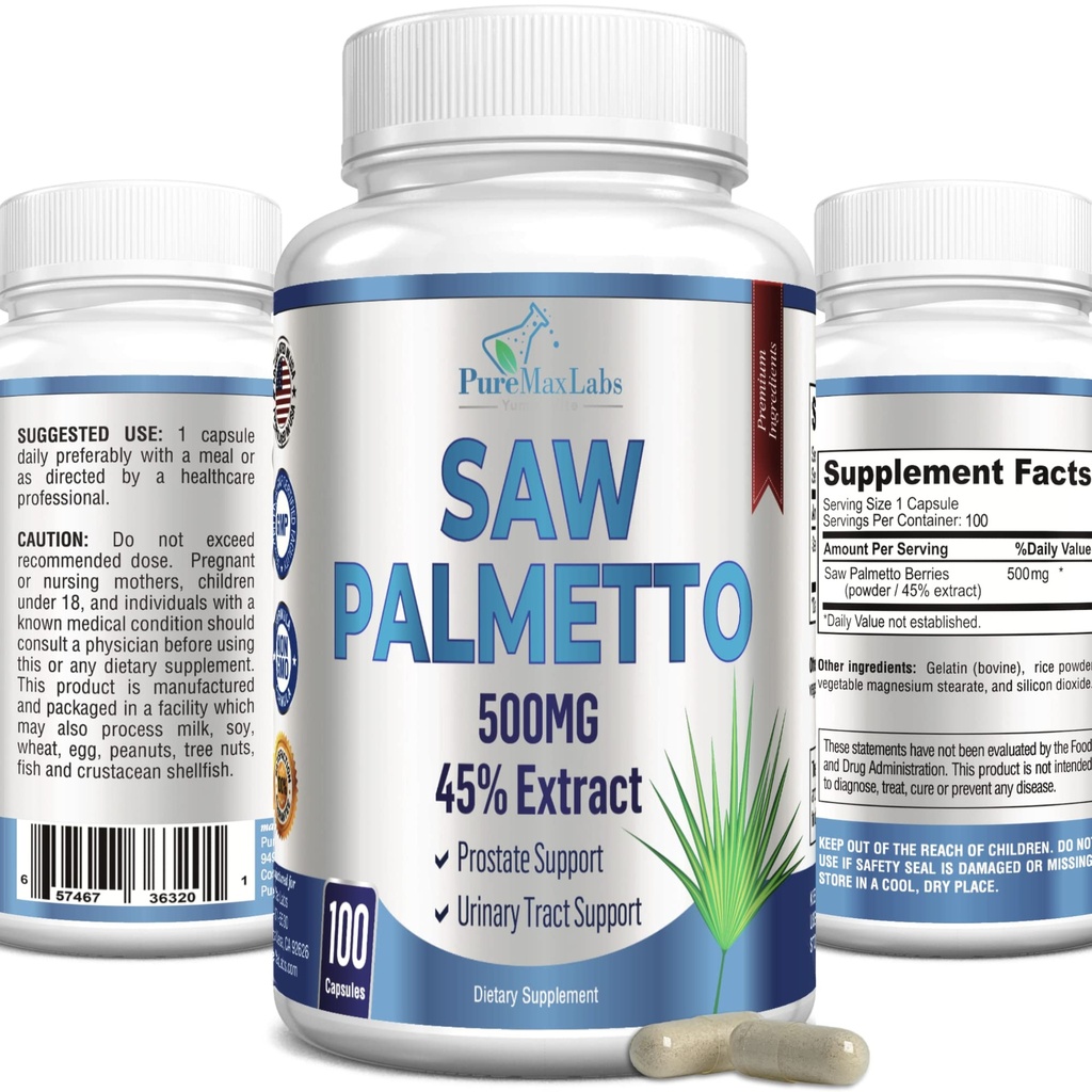 YUMMYVITE Extra Strength Saw Palmetto - 45% Extract Prostate Supplement, Decrease Frequent Urination, DHT Blocker for Hair Growth, Non-GMO, 100 Capsules
