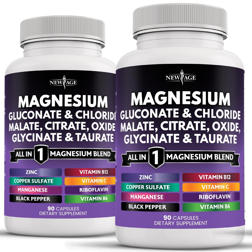NEW AGE Magnesium Supplement -Powerful Glycinate Citrate Malate Oxide Taurate Aspartate Gluconate Orotate & Mag Chloride Manganese, Joint Support- 180 Count