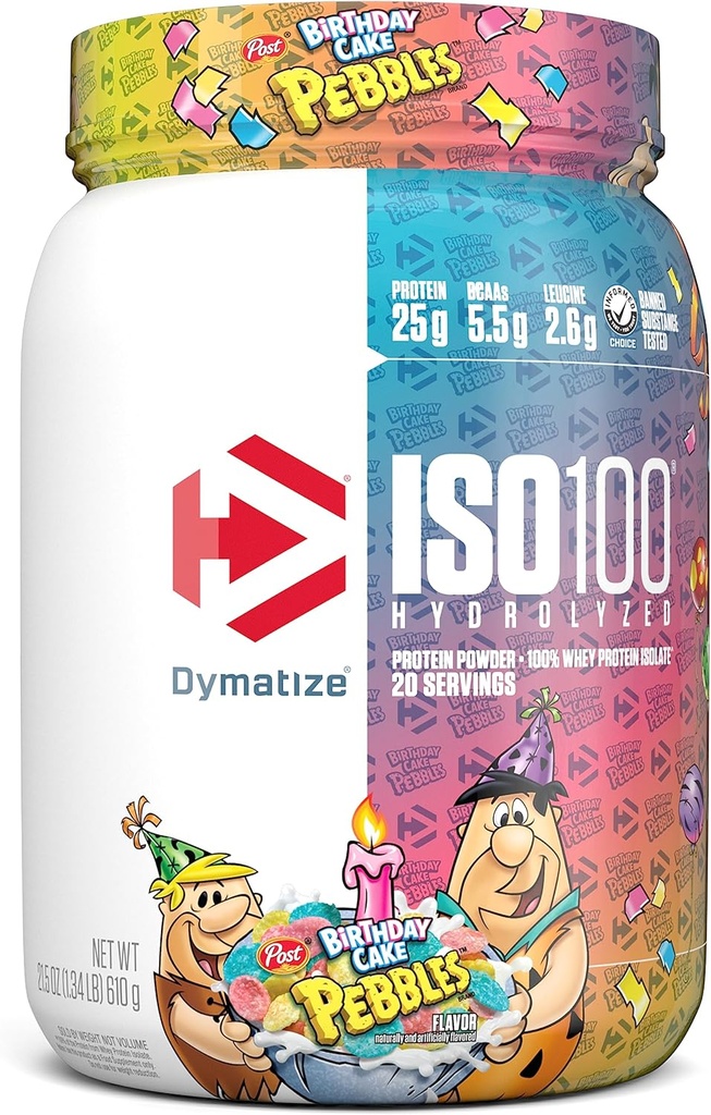 Dymatize x 생일 케이크 Pebbles ISO100 Whey Protein Powder Isolate, 단백질 25g, 5.5g BCAAs, 120 Cal., 글루텐 무료, 1g 지방, 1g 설탕, 2g Carb (20 서빙)
