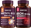 Pacote Ferro e Vitamina B12, 5000 mcg B12, Açúcar Zero, Ferro Carbonil com Vitamina C, Gentil sobre o estômago