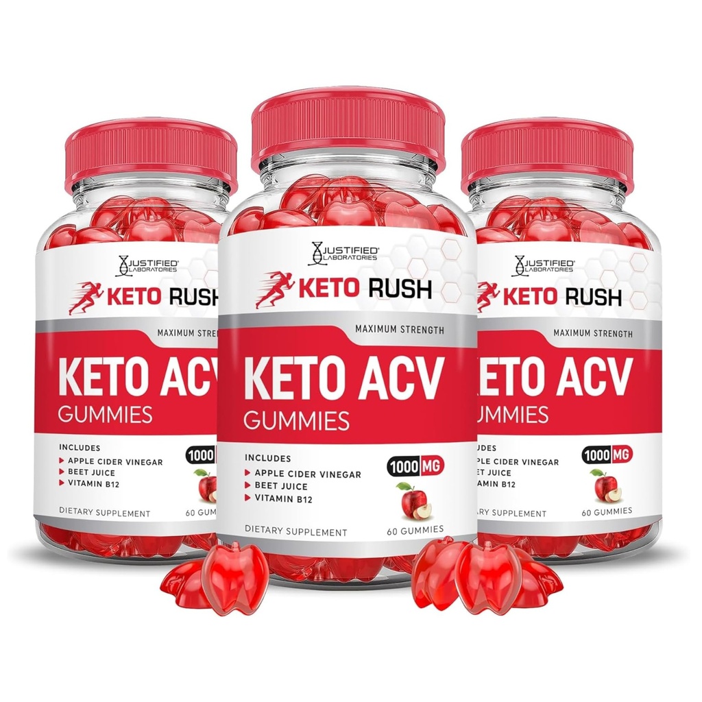 Justified Laboratories Keto Rush Keto ACV Gummies (1000 mg) - 60 Count, Pack of 3 - Formulated with Apple Cider Vinegar, Folate & Vitamin B12 - Non-GMO, Vegan, Gluten Free - 90 Servings