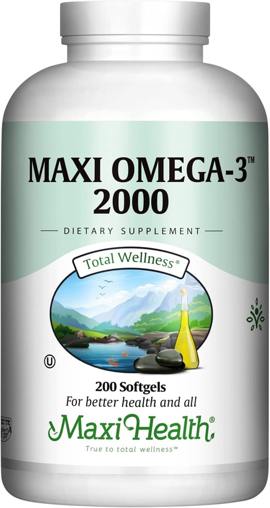 オメガ3サプリメント - Omega-3フィッシュオイル2000mg - EPA&DHAの天然ソース - 心臓、脳と関節の健康 - Kosher認定ワイルドキャッチマリンフィッシュ - 200 Maxi Healthによるベジタリアンソフトジェル